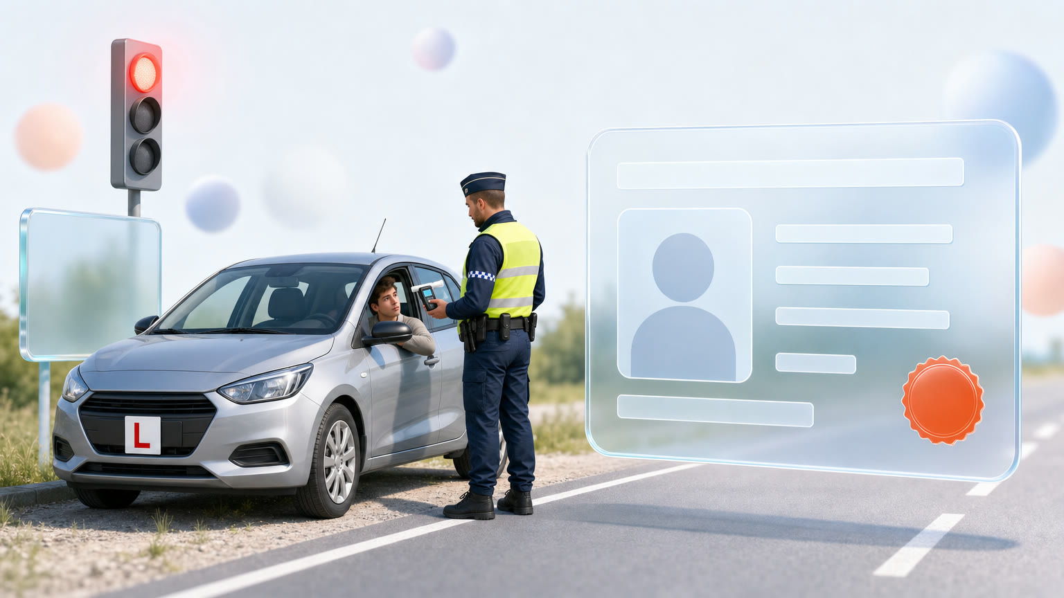 Un jeune conducteur avec une plaque L arrêté au bord d'une route, un policier tient un éthylotest, à côté flotte une carte en verre qui évoque un permis provisoire