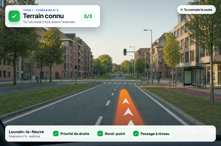 Vue depuis le volant sur un boulevard de Louvain-la-Neuve en fin de journée : l'itinéraire n°6 est maîtrisé, ses 3 points de passage sont cochés en vert