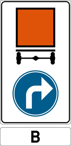 Panneau D4b : Obligation pour les véhicules transportant des marchandises dangereuses de suivre la direction indiquée par la flèche