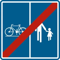 Panneau F101b : Fin du chemin réservé aux piétons, cyclistes, cavaliers et speed pedelecs, avec indication de la partie affectée à chaque catégorie (cycliste piéton)