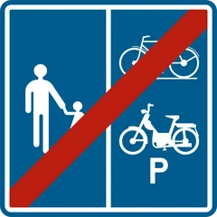 Panneau F101b : Fin du chemin réservé aux piétons, cyclistes, cavaliers et speed pedelecs, avec indication de la partie affectée à chaque catégorie (piéton cycliste cyclomoteur)