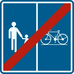 Panneau F101b : Fin du chemin réservé aux piétons, cyclistes, cavaliers et speed pedelecs, avec indication de la partie affectée à chaque catégorie (piéton cycliste)