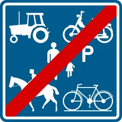 Panneau F101c : Fin du chemin réservé aux véhicules agricoles, aux piétons, cyclistes, cavaliers et conducteurs de speed pedelecs