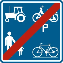 Panneau F101c : Fin du chemin réservé aux véhicules agricoles, aux piétons, cyclistes, cavaliers et conducteurs de speed pedelecs (piéton cycliste speed pedelec tracteur)