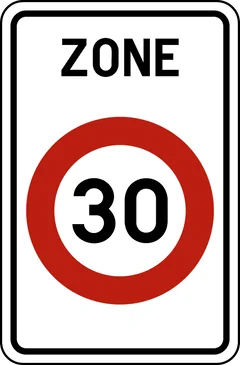 Panneau F4a : Commencement d'une zone dans laquelle la vitesse est limitée à 30 km à l'heure