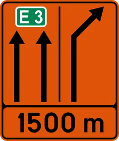 Panneau F79 : Signal de préavis annonçant la réduction du nombre de bandes de circulation (E3)