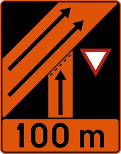 Panneau F79d : Signal de préavis annonçant la réduction du nombre de bandes de circulation