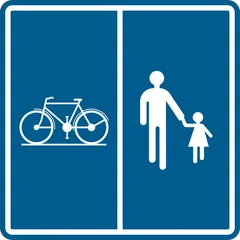Panneau F99b : Chemin ou partie de la voie publique réservé aux piétons, cyclistes, cavaliers et speed pedelecs, avec indication de la partie affectée à chaque catégorie (cycliste piéton)