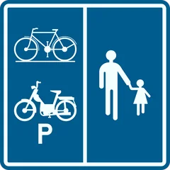 Panneau F99b : Chemin ou partie de la voie publique réservé aux piétons, cyclistes, cavaliers et speed pedelecs, avec indication de la partie affectée à chaque catégorie
