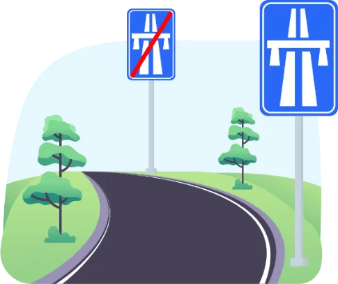Signal bleu de début d'autoroute et le même signal barré de rouge indiquant la fin de l'autoroute