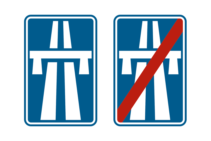 Signal bleu de début d'autoroute et le même signal barré de rouge indiquant la fin de l'autoroute