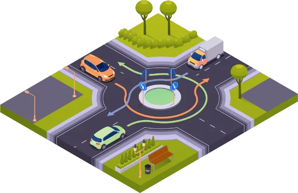 Rond-point avec les différentes trajectoires possibles indiquées par des flèches