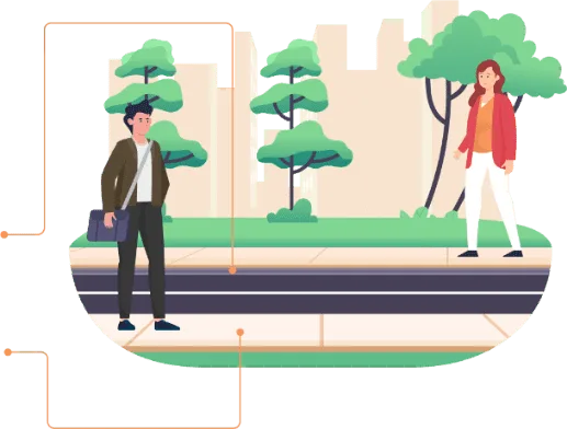 Piétons circulant sur les trottoirs de part et d'autre de la chaussée