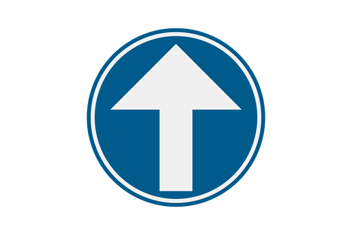 Signal d'obligation circulaire à fond bleu avec flèche blanche : obligation de suivre la direction de la flèche