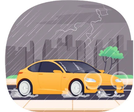 Voiture freinant sous une forte pluie d'orage, gerbes d'eau sous les pneus