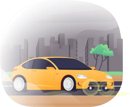 Voiture roulant dans un brouillard épais, feux allumés