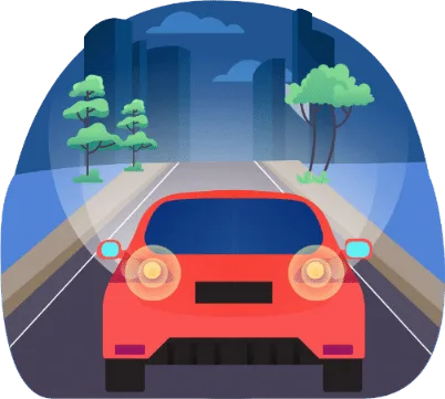 Voiture roulant de nuit, feux éclairant la route