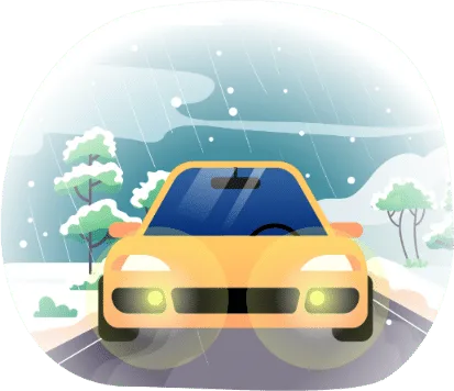Voiture vue de face, feux allumés sous la neige et la pluie mêlées