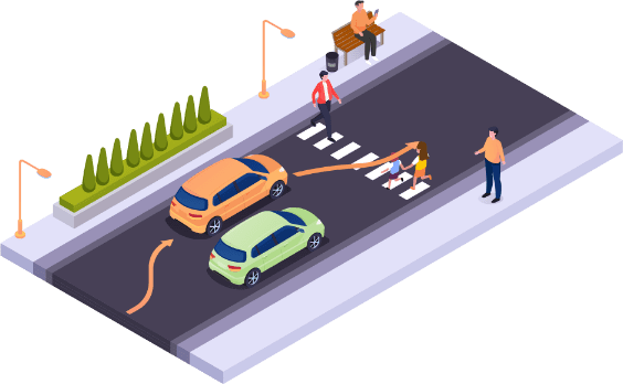 Voiture qui renonce à dépasser à l'approche d'un passage pour piétons où des personnes traversent