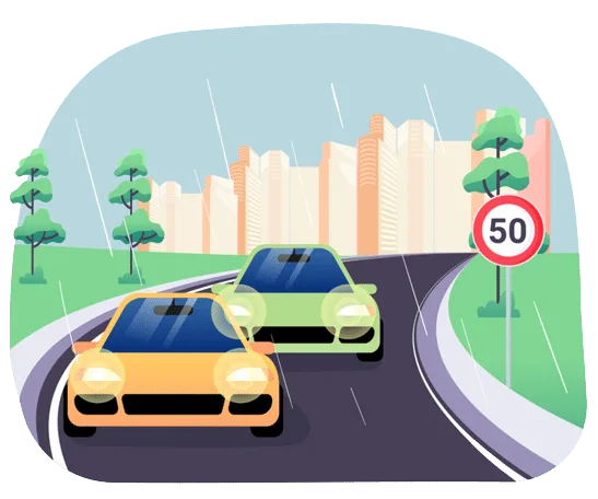 Deux voitures roulant sous une forte pluie près d’un signal de limitation à 50 km/h