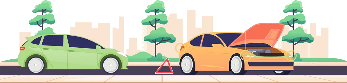 Voiture en panne capot ouvert, signalée par un triangle de danger, dépassée par une autre voiture