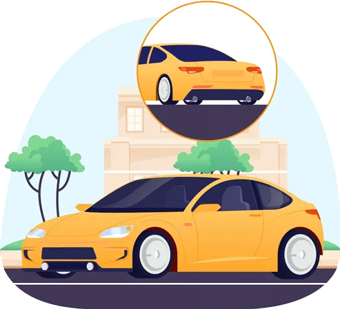 Voiture vue de face avec un médaillon montrant l’arrière du véhicule