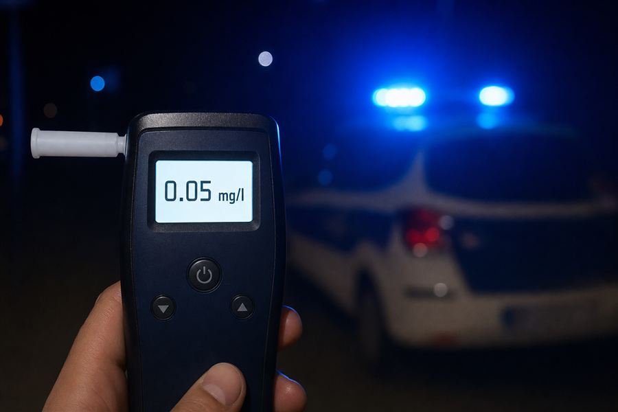Contrôle de police avec éthylotest mesurant l'alcool dans l'air expiré