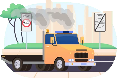 Camion à l'arrêt moteur allumé qui dégage un épais nuage de fumée en ville