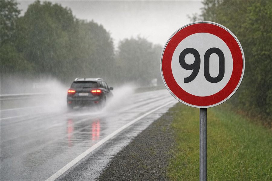 Voiture roulant sous une forte pluie à côté d'un panneau de limitation à 90 km/h