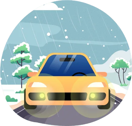 Voiture roulant feux allumés sous la neige et la pluie mêlées