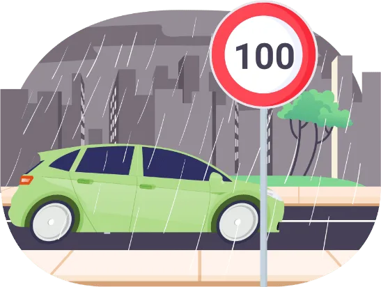 Voiture roulant sous une forte pluie à côté d'un panneau de limitation à 100 km/h