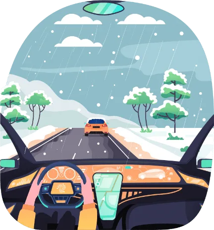 Vue depuis l'habitacle d'une voiture roulant sous la pluie et la neige