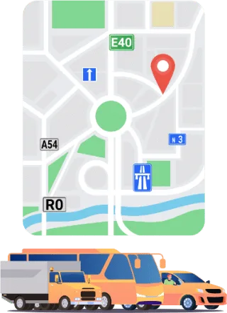 Carte routière belge avec autoroute E40, routes A54 et N3, et plusieurs types de véhicules