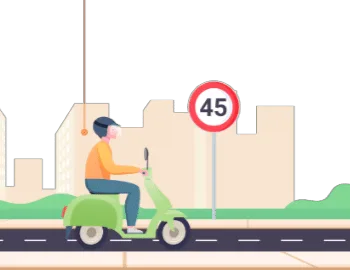 Cyclomotoriste en ville devant un panneau de limitation à 45 km/h