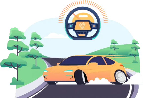 Voiture roulant sur une route de campagne sous un volant avec compteur de vitesse