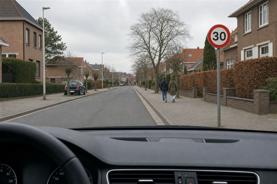 Vue du conducteur en ville : panneau 30 km/h et piétons qui longent la chaussée
