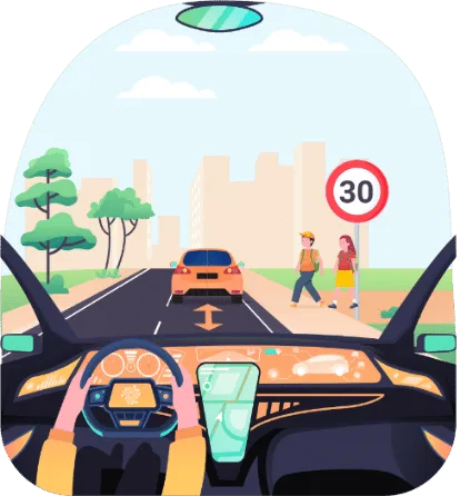 Vue du conducteur en ville : panneau 30 km/h et piétons qui longent la chaussée
