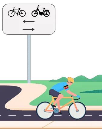 Panneau additionnel avec un vélo, un cyclomoteur et une double flèche