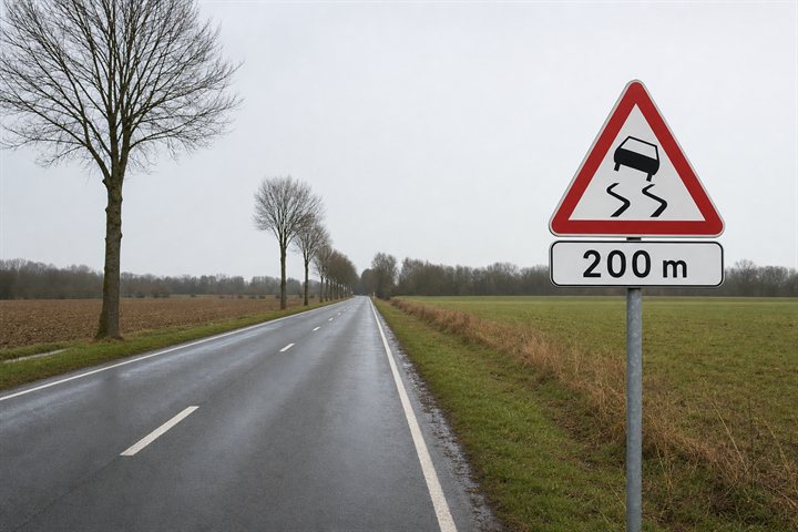 Signal de chaussée glissante avec un panneau additionnel indiquant 200 m, en situation réelle