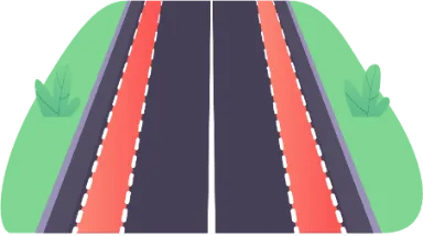 Chaussée avec deux bandes latérales peintes en rouge, délimitées par des lignes blanches discontinues