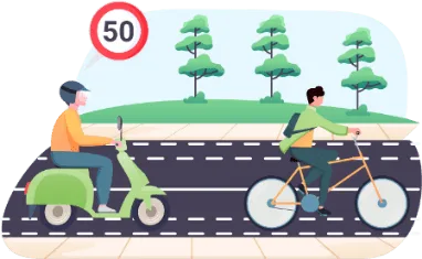 Un cyclomoteur et un cycliste circulant sur la chaussée
