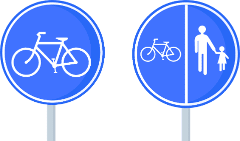 Deux signaux ronds bleus : piste cyclable obligatoire, et voie partagée entre cyclistes et piétons