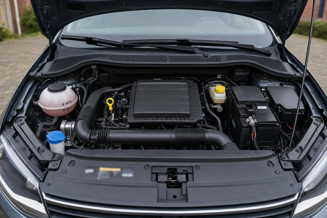 Compartiment moteur ouvert : jauge d'huile, liquide de frein, liquide de refroidissement et lave-glace