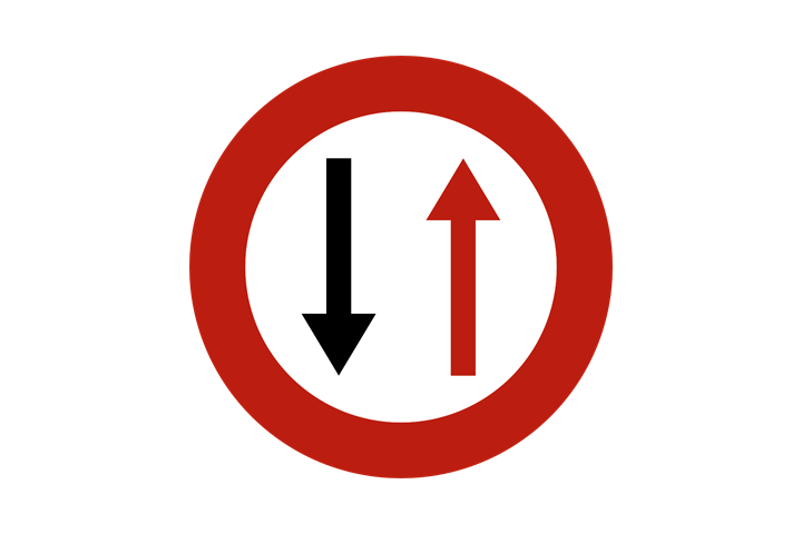 Signal de passage étroit où il faut céder le passage aux conducteurs venant en sens opposé