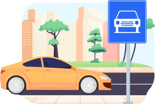 Panneau de route pour automobiles : voiture blanche vue de face sur fond bleu, en bord de chaussée