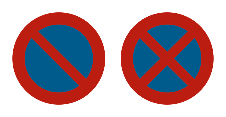 À gauche le signal stationnement interdit, à droite le signal arrêt et stationnement interdits