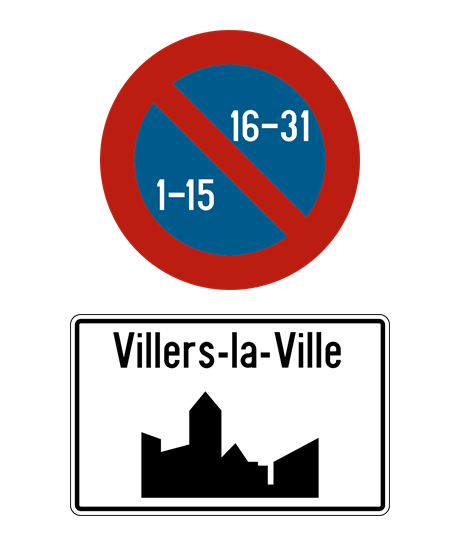 Signaux de stationnement semi-mensuel placés au-dessus du signal d'agglomération