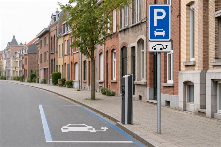 Emplacement réservé aux véhicules électriques : signal de stationnement avec panneau additionnel et borne de recharge