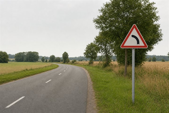 Signal de danger annonçant un virage dangereux à gauche, en situation réelle sur une route de campagne