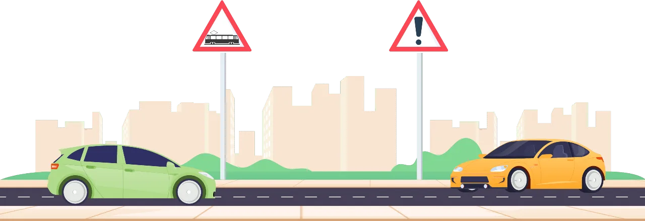À gauche, croisement de la chaussée par une ou plusieurs voies ferrées ; à droite, danger non défini avec panneau additionnel
